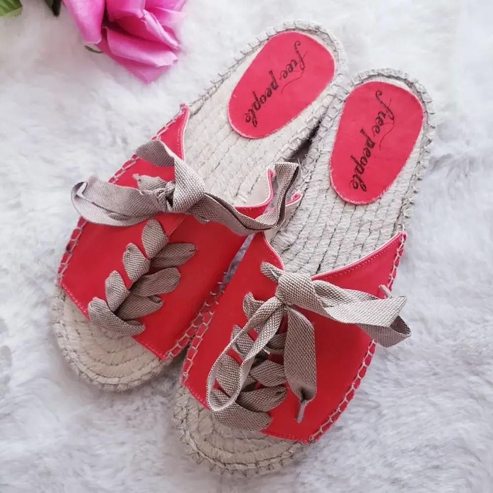 Free People Lolly Lace-Up Espadrille Sandals Coral Red Sample Shoes EU 37 US 7